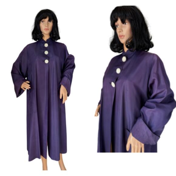 Vintage Purple Sateen Lined Duster Swing Coat 3 button closing large - Picture 1 of 16
